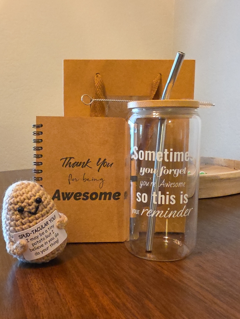 Appreciation Gift Bag with notebook, glass tumbler, and Knit potato